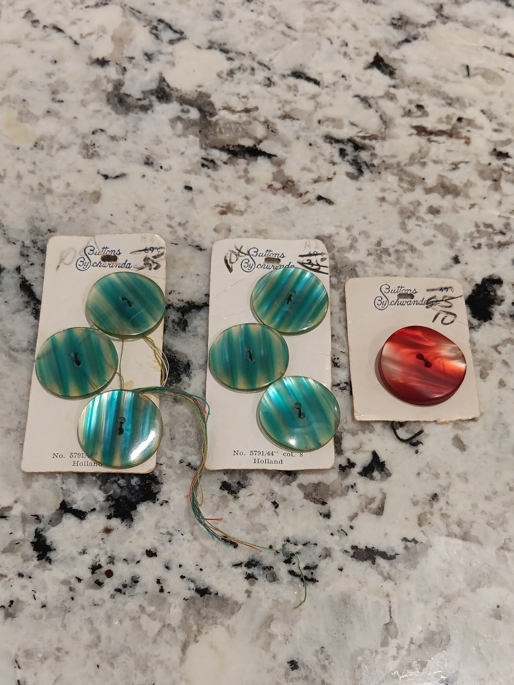 Rare Vintage Buttons BY Schwanda- Teal Green & Red Shell-Look Buttons